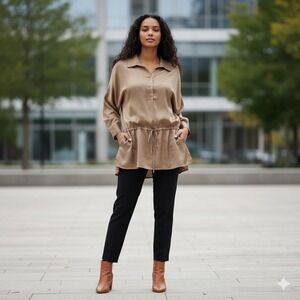 Chicos Satin Tunic Blouse XL Drawstring Long Sleeve Boho Lagenlook Chico‎ 3